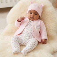 N14728: Baby Pink Floral Bunny 4 Piece Quilted Jacket & Hat Outfit (0-9 Months)